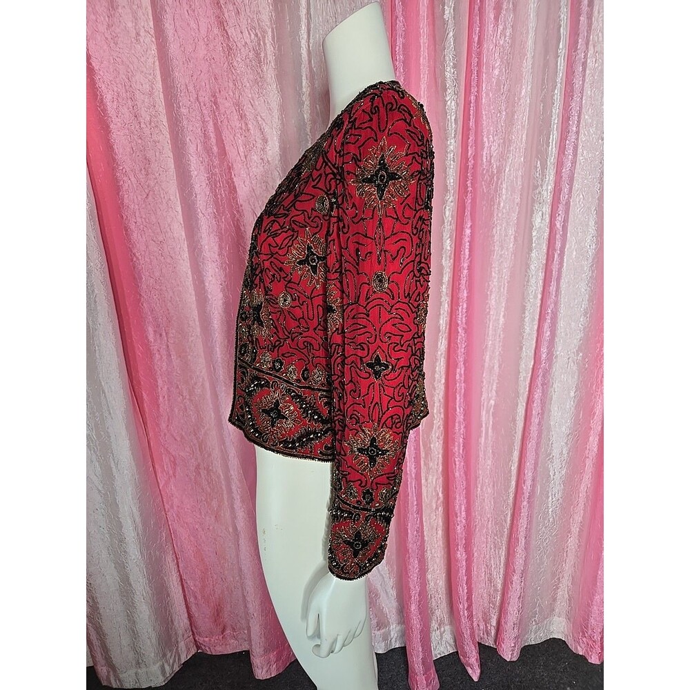 Vintage Adrianna Papell Red Silk Exquisite Beaded Evening Jacket Size 8 - Picture 6 of 16
